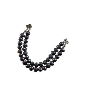 Double Strand Faux Black Freshwater Pearl Beaded Silver Tone 7.5"